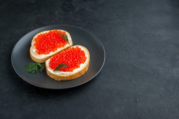 front view delicious caviar sandwiches inside plate on dark surface burger food seafood fish dish dinner snack toast