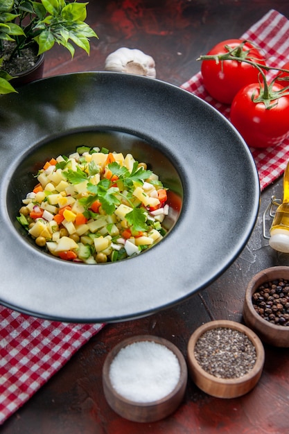 front view delicious potato salad with tomatoes on dark surface dish health colour diet food dinner lunch meal bread