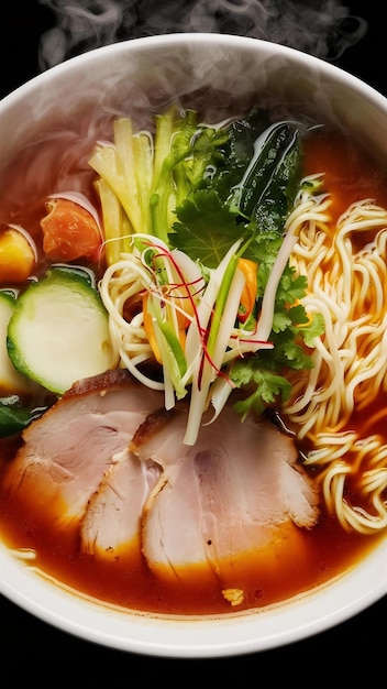 Front view of delicious ramen with copy space