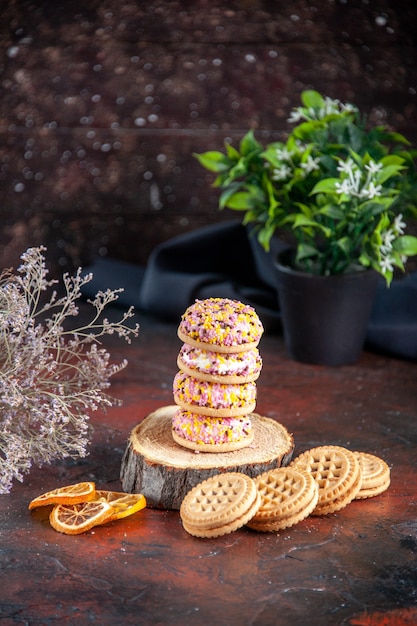 front view delicious sweet cookies with biscuits on dark background sweet horizontal cake pie biscuit sugar tea