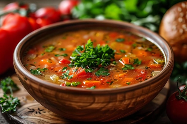 Front view delicious vegetable soup with different ingredients inside brown plate on dark desk