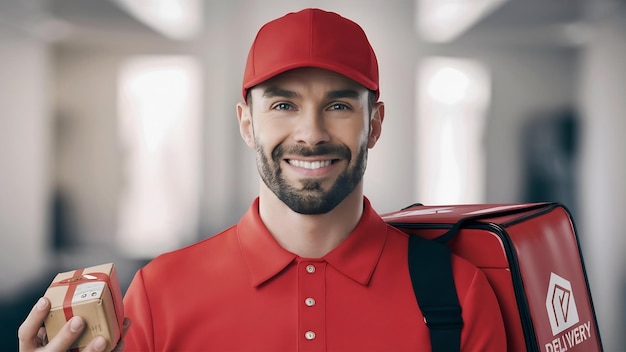 Front view delivery man wearing red uniform close up