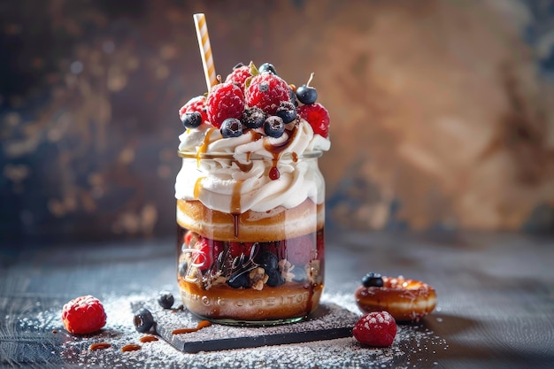 Photo front view of dessert in jar with donut and straw