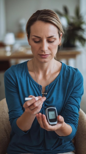 Photo front view diabetic woman checking her glucose level