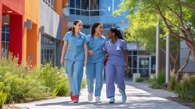 Front view of a diverse group of medical staff walking together in a hospital