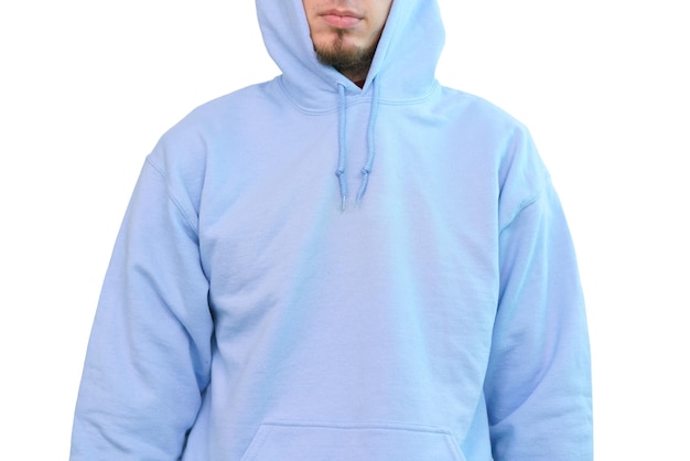 A front view of an empty blue hoodie is isolated on a white background Casual Fashionable Mockup Print Retail Shirt Warm Male Person Body Hooded Jumper