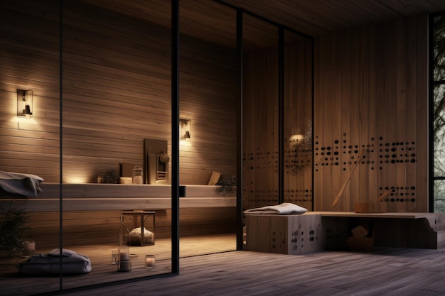 Front view of empty Finnish sauna room Modern interior of wooden spa cabin with dry steam