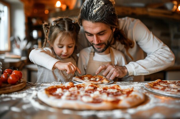 Front view family cooking delicious pizza