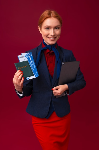 Front view female flight attendant in studio