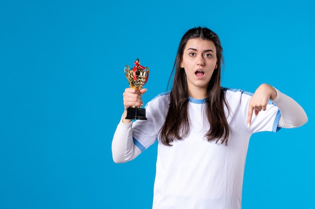 Front view female player with trophy