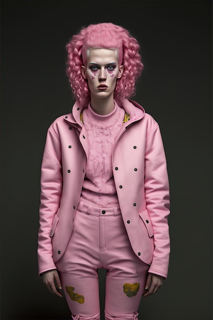 Front view of a feminist woman with pink jacket and recombed hair on a dark background Generative AI