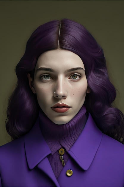 Front view of a feminist woman with purple jacket and recombed hair on a dark background Generative AI