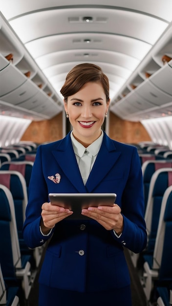 Front view flight attendants with tablet