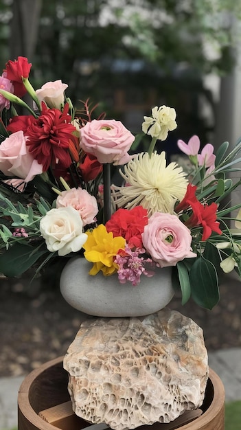 Front view of flower decor on a rock stand