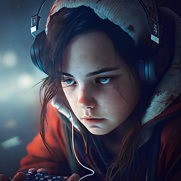 Front view of a focused teenage girl professional gamer wearing headphones participating in eSport tournamentAI Generated