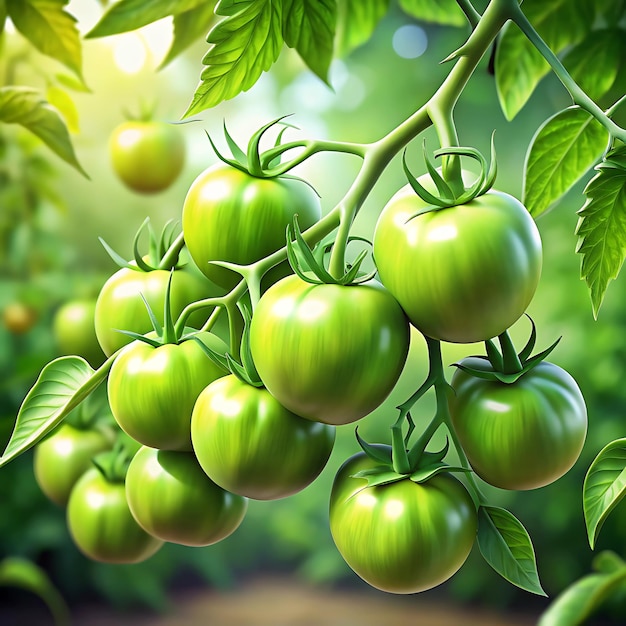 Front view fresh green tomatoes in tree