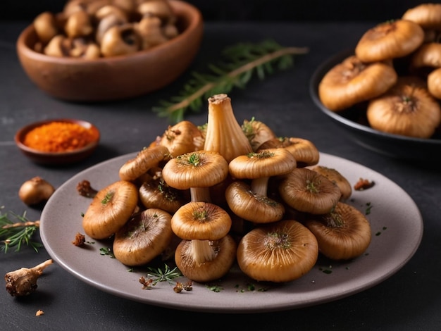 Front view fried mushrooms with seasonings on dark table meal dinner food ai