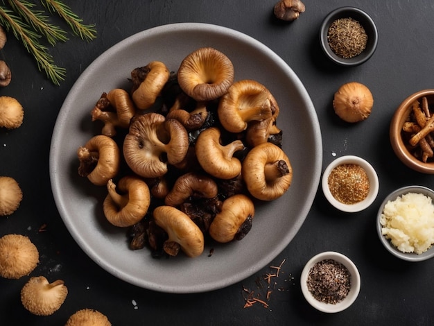 Front view fried mushrooms with seasonings on dark table meal dinner food ai