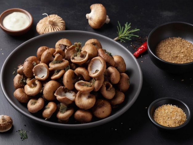 Front view fried mushrooms with seasonings on dark table meal dinner food ai