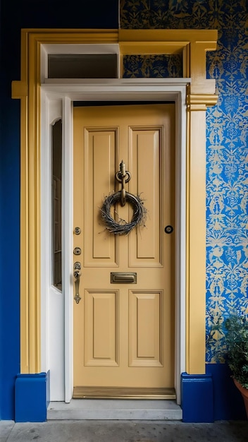 Front view of front door with blue and yellow wall