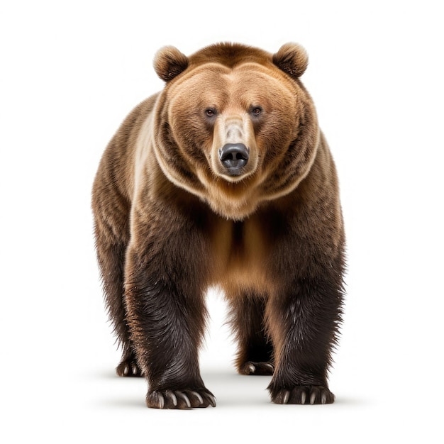 Front view full body of a grizzly brown bear on a white background