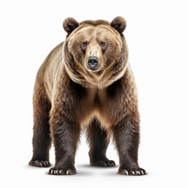 Front view full body of a grizzly brown bear on a white background