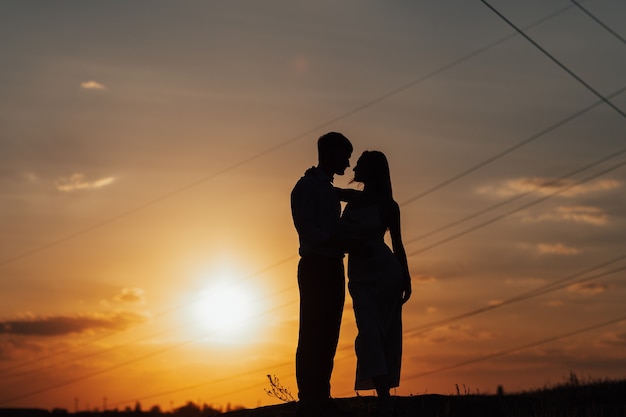 Front view of a full length of a couple walking together on the filed at sunset in summer.