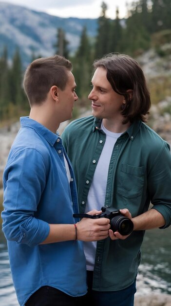 Front view gay couple spending time outdoors