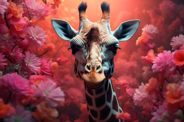 Front view of a giraffe in flowers looking at camera Animal portrait in pink bouquets creative illustration