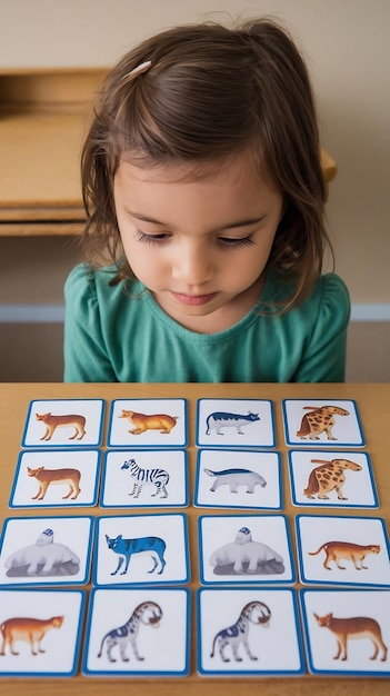 Photo front view girl playing memory game