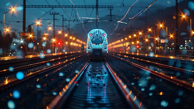 Photo front view of a glowing train showcasing bright lights