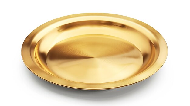 Photo front view of golden plate isolated on white background empty gold round flat plate generative ai