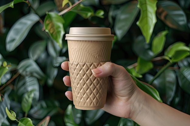 Photo front view hand holding reusable cup with copy space