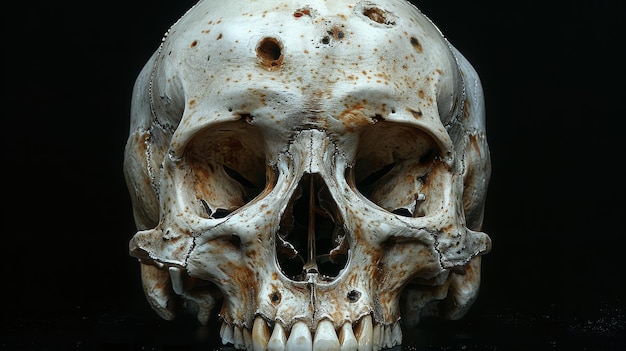 The front view of a human skull on a black background is shown here