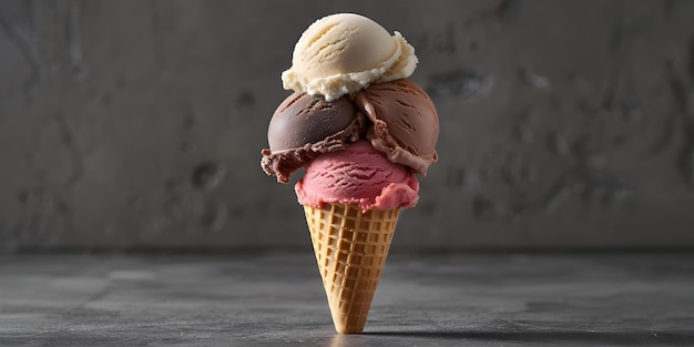 Front view of ice cream cone with vanilla chocolate strawberry scoops Concept Food Photography Ice Cream Sweet Treats Dessert Colorful Display