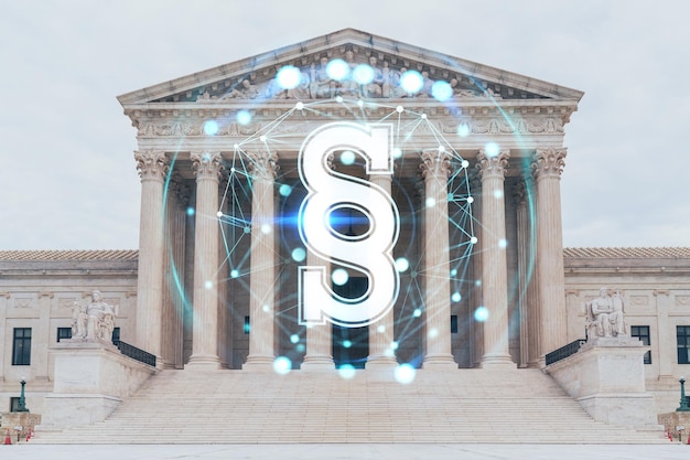 Front view of iconic building of United States Supreme Court at day time Washington DC USA Judicial branch Glowing hologram legal icons The concept of law order regulations and digital justice