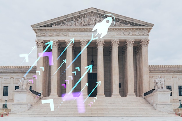 Front view of the iconic building of United States Supreme Court at day time Washington DC USA Judicial branch Startup company launch project to seek and develop scalable business model hologram