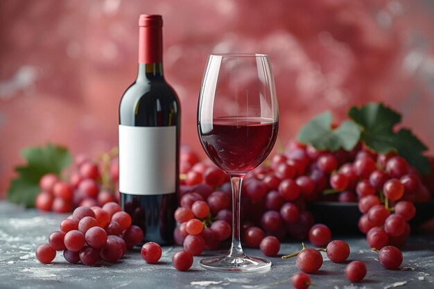 Front view image showcasing wine bottle glass and grapes on an advertising podium