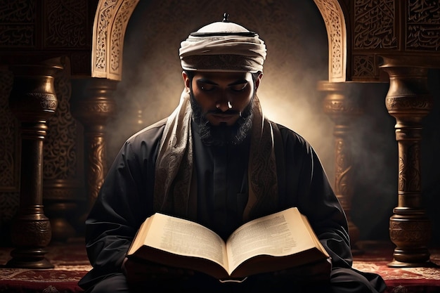 Front view islamic man reading in quran Silhouette of muslim