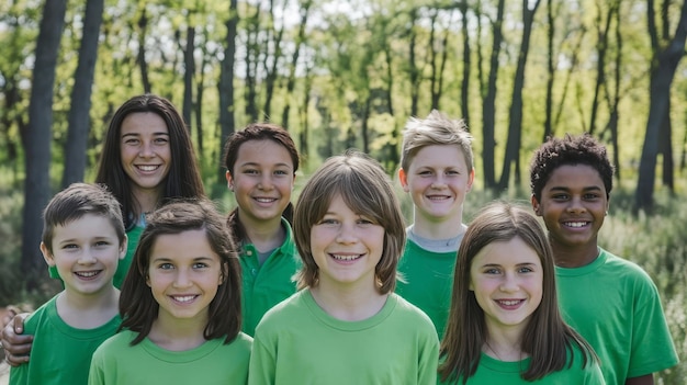 Front view kids in green forest at summer daytime together