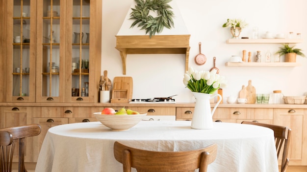 Front view of kitchen with rustic interior design