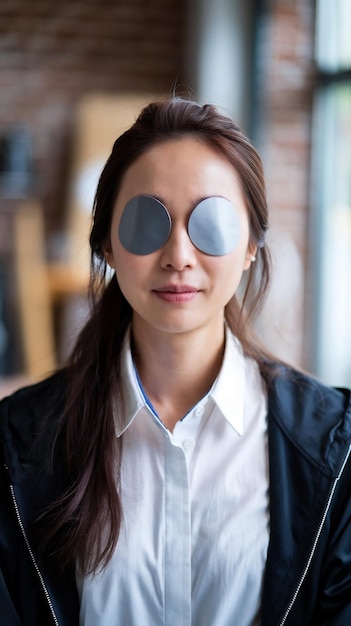 Front view korean woman wearing eyepatches