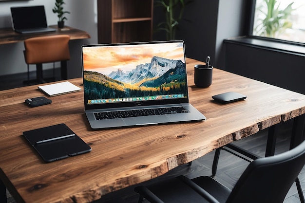 Front view of laptop on wood table in office