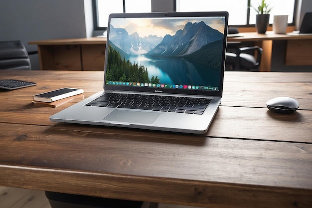 Front view of laptop on wood table in office