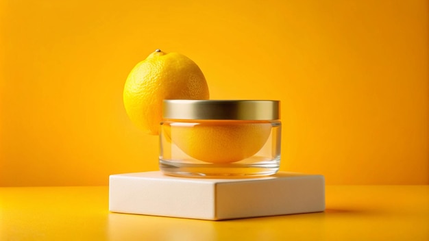 Photo a front view of lemon decorated with cosmetic jar and transparent podium in orange background