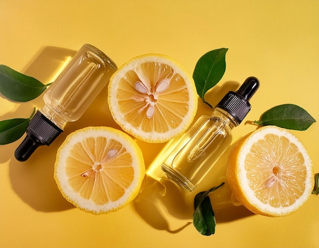 Front View of Lemon Decorated with Cosmetic Jar and Transparent Podium on Orange Background