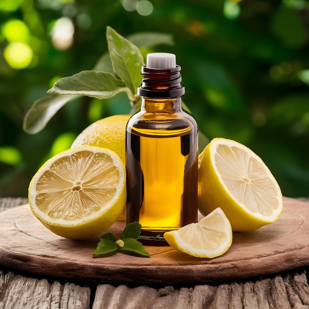 Front view lemon juice in bottle lemons cut lemons potted plant photography