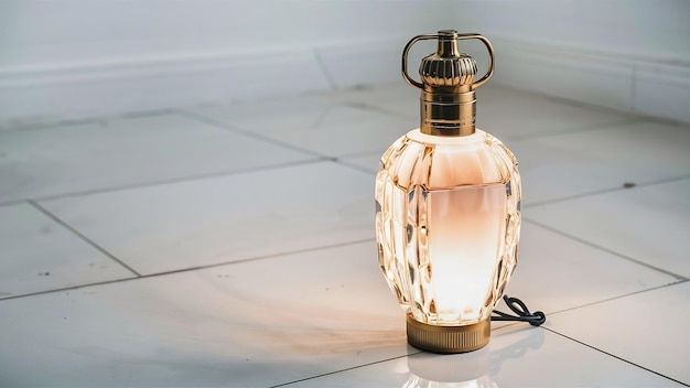 A front view light bottle with golden cap isolated on the white floor