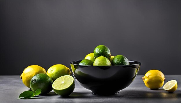 Photo front view limes and lemons in a black bowl on gray background