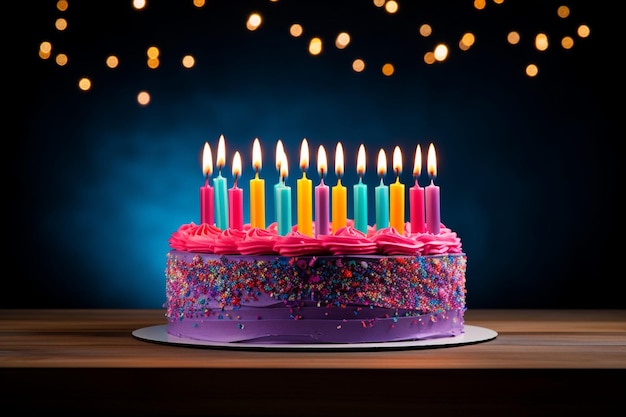 Front view lit candles on birthday cake